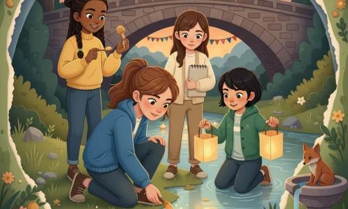Four 12-year-old girls—Lena (chestnut ponytail, blue jacket) kneeling at center by a twilight river placing a small paper lantern boat on the water with a focused look; Amira (olive skin, braids with green threads, yellow sweater) to Lena's left standing and smiling holding a spoon of honey watching the lanterns; Sora (Asian, short hair, green jacket) to Lena's right slightly forward holding a lit paper lantern and excitedly looking at the water; Chloe (smooth brown hair, cream outfit) just behind Lena with a sketchbook under her arm observing and mentally drawing—grassy, stony riverbank at dusk with calm water reflecting golden lights, an old stone bridge, strings of lanterns and a distant 