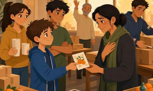 A tender scene in a community center: 12-year-old Theo, short brown hair and shy smile, offers a small card decorated with oranges to Nadia, a tired but gentle ~35-year-old woman in a green scarf who receives it with a hand to her chest and a grateful smile; behind Theo stands 13-year-old Sami in a green T-shirt, smiling conspiratorially; 16-year-old volunteer Leila with her hair tied holds cups at a table to the left, warmly watching; older man Farid (~60) with a short grey beard waves near a window; 22-year-old Amir, his sleeve taped, quietly laughs while helping stack boxes; the interior shows large wooden tables, piles of cardboard boxes, trays of shiny dates and colorful oranges, paper lanterns hanging from the ceiling and warm orange light from the windows.