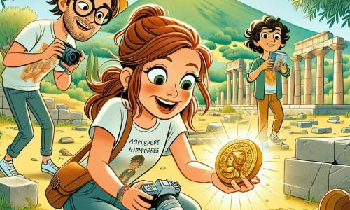 A passionate archaeologist, Sofia, is a woman in her thirties with brown hair tied in a ponytail. She wears a straw hat and a short-sleeved shirt, her face beaming with excitement as she uncovers an ancient gold artifact. Beside her, Leo, a young man around 20 with glasses and a graphic t-shirt, takes photos of the discovery, his face lit up with curiosity. Mia, a 16-year-old with curly hair, browses through a book of ancient inscriptions, focused and fascinated by the symbols she finds. The scene takes place at a sunny archaeological site surrounded by lush olive trees and ancient ruins, with pieces of pottery scattered on the ground. In the background, stone columns and crumbling walls hint at a forgotten civilization. The main focus shows Sofia, awestruck, digging up a sparkling gold jewel while Leo and Mia watch her with admiration, creating an atmosphere of exploration and discovery.