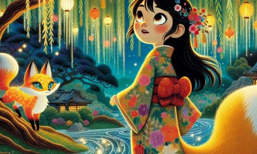 Aiko, a young woman with a gentle yet determined face and long black hair blowing in the wind, stands at the edge of a sparkling river. She wears a traditional kimono with vibrant floral patterns, and her eyes shine with excitement and courage as she gazes at the murky waters, ready to face the challenge ahead. Beside her, a majestic fox with sparkling eyes and golden fur, representing the guardian of the forest, encourages her with a wise look. The enchanting setting features shimmering trees arching above them and colorful lanterns floating in the air, casting a soft, magical light on the scene. The once-clear river is now darkened by debris, creating a poignant contrast with the surrounding beauty. Aiko prepares to speak to the spirit of the river, determined to restore balance and save her village, while the fox watches her proudly, ready to assist in her quest.