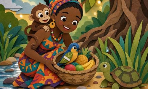 Amara, jovem mulher de cerca de 20 anos, alegre e meiga, sorri enquanto agacha junto a um ribeiro segurando um cesto trançado de frutas; um macaco castanho brincalhão está no seu ombro direito, um pequeno pássaro azul e amarelo com uma asa enfaixada em folha está no cesto e uma tartaruga de carapaça verde e marrom está à sua frente; cenário de margem de rio cintilante com seixos, ervas altas e grandes raízes de uma árvore de tronco texturizado, céu claro após a chuva com gotas brilhantes e luz dourada; situação: Amara ajuda seus amigos animais na beira do ribeiro, atmosfera calorosa e segura, cores vivas e contrastantes, silhuetas nítidas e texturas de papel visíveis.