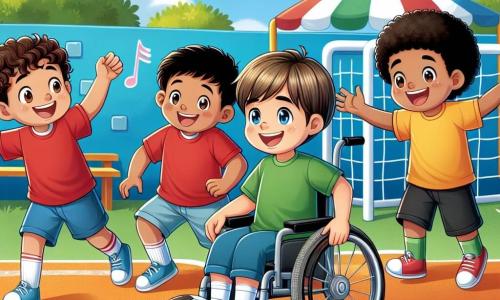 Em um pátio ensolarado da escola, vemos quatro meninos de cerca de 11 anos. Miguel, com cabelo castanho e cacheado, sorri alegremente, vestido com uma camiseta vermelha e um short azul. Ao lado dele, Lucas, com cabelo loiro e curto, está sentado em sua cadeira de rodas, com um grande sorriso no rosto, vestindo uma camiseta amarela e calças pretas. Tiago, com cabelo negro e liso, usa uma camisa de futebol verde e está driblando uma bola com entusiasmo. Por fim, Bruno, com cabelo castanho e cacheado, levanta os braços, incentivando os amigos. A cena ocorre em um campo esportivo colorido, com linhas brancas no chão, cercado por paredes azuis e painéis com desenhos de crianças brincando juntas. Árvores verdes cercam o pátio, e o céu é azul claro, com algumas nuvens brancas. Os meninos jogam futebol com uma regra especial: Lucas usa sua cadeira de rodas para empurrar a bola com as mãos, enquanto seus amigos o incentivam e ajudam a marcar gols. A atmosfera é alegre e cheia de energia, ilustrando o espírito de inclusão e amizade.