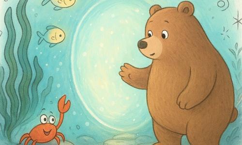 Barnaby, a curious plump brown bear with a gentle face and bright round eyes, stands before a large translucent bubble-door with one paw reaching toward the luminous water; a small bright red crab waves a claw from a rock beside him while colorful oval lanternfish glow warm yellow and blue around the door. Dark green kelp forms a wavy tunnel to the left, smooth silvery stones make a descending stair at center, and a sparkling fast current to the right shines like threads of gold; turquoise water, shimmering bubbles, swaying algae, pastel starfish on rocks, and floating light particles give a clear, fairy-tale underwater setting as Barnaby hesitates then decides to enter the bubble-door to Lantern Reef in a soft, magical, inviting mood.