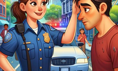 Op de voorgrond staat een trotse vrouwelijke politieagent, inspecteur Emma, in een blauw uniform met een veiligheidsriem en een pet. Ze heeft kastanjebruin haar in een paardenstaart en een warme glimlach op haar gezicht, wat haar vastberadenheid en moed uitstraalt. Ze spreekt met een man in nood, waarbij ze hem geruststelt met een medeleven uitstraling. Naast haar staat een man van rond de dertig, de bestuurder van de pechauto, die er bezorgd uitziet. Hij heeft rommelig bruin haar en draagt een rode t-shirt. Hij staat iets op de achtergrond en kijkt Emma dankbaar aan terwijl hij het zweet van zijn voorhoofd veegt. Op de achtergrond is een drukke stadsstraat te zien, met kleurrijke gebouwen en groene bomen. Een politieauto staat aan de kant geparkeerd met knipperende lichten, terwijl nieuwsgierige voorbijgangers de scène gadeslaan. De hoofdscène toont Emma die zelfverzekerd ingrijpt om de bestuurder van de rokende auto te helpen, wat het belang van bescherming en hulp binnen de gemeenschap illustreert.