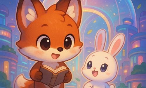Ein anthropomorpher chibi-Fuchs mit glänzendem rotbraunem Fell und weißen Strähnen, großen weichen Ohren und rund leuchtenden Augen, neugierig und erstaunt, hält ein kleines offenes Buch und geht langsam; daneben ein weißer chibi-Hase mit langen rosa Ohren, verschmitztem Lächeln und funkelnden Augen, blickt zum hellen Himmel und hält eine kleine holographische Lampe; die futuristische Stadt zeigt spiegelnde Glasstraßen, abgerundete bunte Gebäude mit pastellnenons, transparente schwebende Brücken, hängende Gärten und kleine Leuchtdrohnen im Dämmerungshimmel; die Szene steht vor einer großen schimmernden Klimakuppel aus irisierendem Glas, offenem Eingang und leichtem Wind, der Blätter aufwirbelt; Stimmung: magisch und wohltuend, sanfte Pastelllichter, klare Kontraste, glatte glänzende Texturen, Komposition zentriert auf die beiden Figuren, die zusammen in die erleuchtete Stadt gehen.