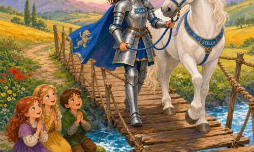 Una cavallerizza, Mila, volto dolce e sguardo concentrato, armatura argentata con accenti blu e mantello corto che svolazza, tiene le redini e tocca la fune mentre attraversa un ponte di corda; un grande cavallo bianco, Stella, con criniera setosa la precede cautamente; tre bambini del villaggio (due bambine di 6 e 8 anni e un bambino di 7) accovacciati sulla riva sinistra la osservano sorridenti; ponte di assi e corde sopra un ruscello azzurro con sassi muschiosi; sullo sfondo campi dorati e colline all'alba rosa, atmosfera di pazienza e coraggio, contrasti di colori e texture.