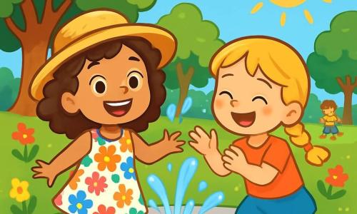 Una niña de 6 años, Marina, con cabello castaño y rizado, lleva un bonito sombrero de paja y un vestido de flores coloridas. Son rostro muestra una gran sonrisa y sus ojos brillan de emoción mientras juega en una fuente en un parque soleado. Junto a ella, su mejor amiga Clara, también de 6 años y con cabello rubio trenzado, ríe salpicando agua con sus manos. El parque está lleno de vegetación, con árboles majestuosos, flores de colores vivos y niños jugando. La escena es animada, con risas y salpicaduras de agua que crean una atmósfera alegre y veraniega. Marina y Clara se divierten juntas, corriendo y riendo, mientras el sol brilla en el cielo azul, creando un ambiente de felicidad y amistad.