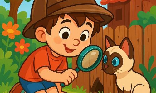 Un niño de 6 años, llamado Pablo, con cabello castaño desordenado y ojos brillantes de curiosidad, lleva un sombrero de detective demasiado grande para él. Tiene una sonrisa decidida en su rostro y sostiene una lupa en su mano pequeña. A su lado, su fiel amiga, Lola, una gata siamesa de pelaje crema y ojos azul brillante, observa atentamente un pequeño agujero en la cerca, lista para ayudarlo en su investigación. El escenario es un jardín exuberante, lleno de flores coloridas, árboles frondosos y un viejo cobertizo de madera, ligeramente inclinado, que parece esconder secretos. Al fondo, un cielo azul claro ilumina la escena, añadiendo un toque de magia. La situación principal muestra a Pablo y Lola, intrigados, inclinándose sobre el agujero en la cerca, descubriendo huellas en la tierra suelta, mientras juguetes coloridos están esparcidos a su alrededor, evidenciando un misterio por resolver.