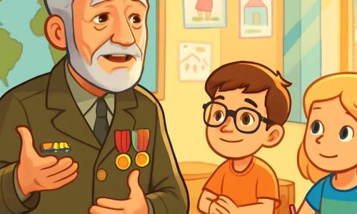 Un bărbat în vârstă, cu părul gri și o barbă îngrijită, poartă o jachetă militară decorată cu medalii strălucitoare. Fața lui exprimă nostalgie și înțelepciune, iar ochii căprui strălucesc de amintiri. El stă în fața unei clase de copii, gesticulând pasionat în timp ce povestește. Un băiat de 10 ani, cu părul castaniu și ochelari, îl ascultă atent, având un zâmbet curios. O fetiță blondă, cu o rochie colorată, ia notițe cu un creion roz, arătându-se foarte interesată. Sala de clasă este luminoasă, cu decorațiuni colorate pe pereți, hărți și desene expuse. Băncile sunt aranjate în semicerc, iar razele de soare creează o atmosferă caldă. Domnul Victor împărtășește povești despre război și pace, captivând atenția copiilor care ascultă cu uimire și respect, învățând despre curaj și prietenie.