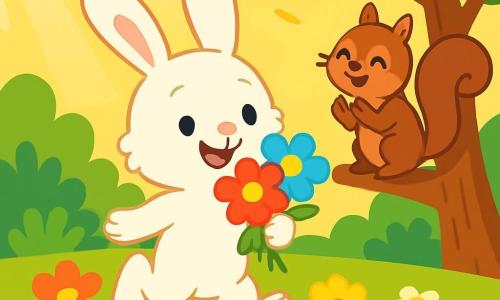 Lilli, ein kleiner Hase mit großen Ohren und flauschigem weißem Fell, hüpft fröhlich in einem sonnigen Garten mit einem breiten Lächeln im Gesicht. Sie hält in ihren Pfoten bunte Blumen, strahlend in Gelb, Rot und Blau, bereit, sie ihrer Mama zu schenken. Neben ihr sitzt Oskar, ein frecher Eichhörnchen mit braunem Fell und buschigem Schwanz, der auf einem Ast sitzt. Er schaut Lilli mit funkelnden Augen voller Freude an und applaudiert begeistert. Der Garten ist voller lebendiger Blumen, weichem grünen Gras und einem flauschigen Moosteppich, auf dem Lilli und Oskar stehen. Sonnenstrahlen filtern durch die Blätter der Bäume und schaffen eine warme und einladende Atmosphäre. Die Szene zeigt Lilli und Oskar, die eine Überraschung zum Muttertag vorbereiten, umgeben von der Schönheit des blühenden Gartens.