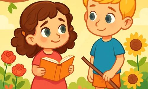 A 6-year-old girl named Lily, with curly brown hair and sparkling green eyes, stands in a sunny garden. She has a shy yet determined smile, holding an open book in her hands. Next to her, her 8-year-old brother, with blonde hair and blue eyes, looks at Lily with an understanding expression, holding a broken rake. The garden is filled with colorful flowers, including red roses and yellow sunflowers gently swaying in the wind. A small blue and yellow bird sings on a nearby branch, adding a touch of magic to the scene. Lily stands in front of her brother, admitting that she accidentally broke his rake. The atmosphere is soft and warm, filled with golden light as they share a moment of understanding and honesty.