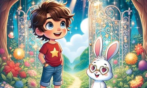 Un ragazzo di 9 anni, Matteo, con capelli castani disordinati e occhi brillanti di curiosità, si trova davanti a un portico scintillante in una foresta incantata. Indossa una maglietta rossa con un motivo di stelle e un pantaloncino di jeans, e il suo viso esprime meraviglia e determinazione. Accanto a lui, un piccolo coniglio bianco di nome Rufus, con occhiali a forma di cuore, lo guarda con un sorriso incoraggiante. Rufus, che sembra avere circa 5 anni in età animale, è in piedi sulle zampe posteriori, pronto ad accompagnarlo nell'avventura. Il luogo è una foresta magica, con alberi dalle foglie a forma di stelle e fiori colorati che brillano come gemme sotto un cielo blu punteggiato di nuvole rosa. Raggi di luce filtrano attraverso il fogliame, creando un'atmosfera da favola. La scena principale mostra Matteo, con gli occhi spalancati, che si avvicina al portico misterioso, mentre Rufus gli fa segno di avvicinarsi, pronto a scoprire le meraviglie che li aspettano dall'altra parte.