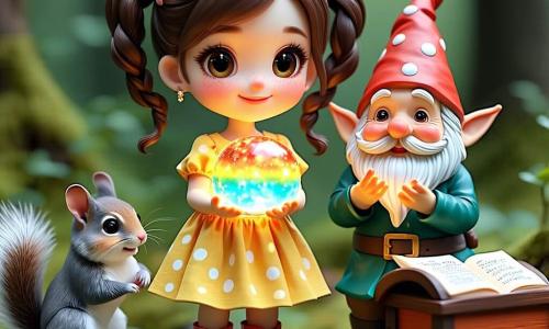 Een 4-jarig meisje, klein en rond met bruine staartjes, grote glanzende ogen, een gele jurk met witte stippen en rode laarsjes, glimlacht verlegen terwijl ze in haar palm een kleine regenbooglichtbol vasthoudt; een oude, gedrongen kabouter met een rood puntmutsje en groene jas hurkt links naast een open muziekdoosje en klapt zachtjes, terwijl twee grijze eekhoorntjes op een stronk rechts nieuwsgierig toekijken; het tafereel speelt zich af in een betoverd schemerpark met een hangende wilgentak, groen gras met blauwe bloemetjes, een glinsterend beekje en een bladerpad; het meisje legt de lichtbol, de Melodie, voorzichtig in de houten muziekdoos waaruit zachte gekleurde lichtstralen ontspringen, iedereen staat dicht bij elkaar met verwonderde gezichten en een warme magische sfeer.