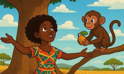 Aïssatou, a young woman with shiny, curly hair, wears a colorful dress with vibrant African patterns. Her face radiates determination and wonder as she stands under a large baobab tree, arms open, ready to listen to the wise words of the tree. Beside her, a playful monkey, about 5 years old, with sparkling eyes and brown fur, climbs on a low branch, holding a juicy mango in its small paws. The setting is a golden savannah, bathed in morning light, with tall grasses gently swaying in the wind and a bright blue sky dotted with fluffy clouds. The main scene shows Aïssatou listening attentively to the baobab, which speaks to her about her quest to find the Night Lion, while the curious monkey tilts its head, as if eagerly awaiting the adventure ahead.