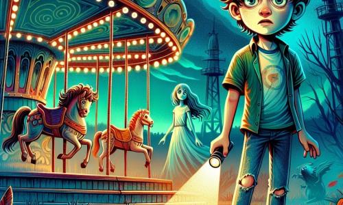 A 12-year-old boy, Max, with messy brown hair and wide eyes, stands at the center of the image, his face marked by a mix of curiosity and apprehension. He wears a blue t-shirt and torn jeans, holding a flashlight that faintly illuminates the path ahead. Beside him is a ghostly girl of about 12, in a flowing white dress with long wavy hair, smiling sadly as she points the way to the carousel. The setting is an abandoned amusement park, with rusty rides, dilapidated game stalls, and scattered dead leaves. The sky is dark, filled with ominous clouds, creating a mysterious and slightly unsettling atmosphere. The main scene shows Max standing in front of an old carousel, its horses frozen in dynamic poses, while a light breeze stirs the leaves around him. The light from his flashlight illuminates the face of the nearest horse, which appears almost alive, adding a touch of magic to this eerie scene.