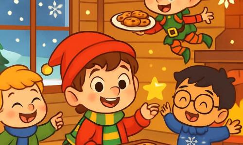 There are 4 characters: Tom, a 5-year-old boy with chestnut hair and sparkling eyes, wearing a red hat with a bell and a striped scarf, standing in the center, smiling and holding a small shining star. Ben, a 5-year-old boy with blonde hair and rosy cheeks, dressed in a green jumpsuit and a blue scarf, is to the left of Tom, laughing and pointing at the elf. Leo, a 5-year-old boy with black hair and round glasses, wearing a blue sweater with snowflakes, is to the right of Tom, arms raised, ready to dance. The Mischievous Elf, a small, playful elf with tousled red hair and a red and green striped costume, is above Tom, floating in the air with a big smile, holding a plate of cookies. The setting is a cozy chalet surrounded by sparkling snow, with wooden walls decorated with fairy lights and paper snowflakes. A crackling fireplace casts a golden light on the wooden floor. Cookies are arranged on a rustic wooden table, and toys are scattered around. The main scene shows the boys and the elf joyfully dancing around the table, with snowflakes gently falling outside, laughter echoing in the air, creating a festive and warm atmosphere.