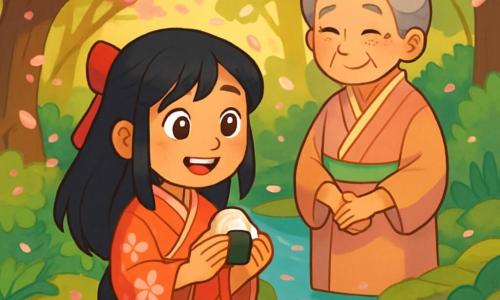 A young girl named Hana, around 10 years old, stands by a sparkling river, her eyes shining with curiosity and wonder. She has long black hair tied with a bright red ribbon and wears a traditional kimono with cherry blossom patterns. Hana holds a small rice ball in her hands, ready to make a wish. Next to her, an elderly woman, her grandmother, about 70 years old, watches with a kind smile. She has gray hair in a bun and wears a pastel-colored kimono, her eyes sparkling with wisdom. She stands slightly back, hands crossed over her belly, looking at Hana with pride. The setting is a lush Japanese forest, with cherry trees in bloom, their pink petals gently falling like snow. Sunlight filters through the leaves, creating golden patterns on the ground. The bright blue river winds between the rocks, and paper lanterns float softly on the water. Hana prepares to make a wish to the Spirit Koi, her heart racing with excitement and hope, as the light breeze makes the petals dance around her.