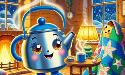 Kettleton, a small blue and silver kettle with a smiling face and sparkling eyes, stands at the center of the scene, emitting joyful steam while preparing a hot drink. Lumi, a golden lamp with a snowflake-shaped shade, softly shines to his right, illuminating the room with warm and welcoming light as she looks at Kettleton with admiration. Quilly, a colorful quilt featuring snowflake patterns, is draped over a chair to the left, her vibrant patches reflecting the magic of winter, and she smiles as she listens to the story Kettleton is telling. The setting is a charming cottage kitchen, with warm wooden walls, windows adorned with holly garlands, and a crackling fire in the fireplace, creating a cozy and festive atmosphere. The main scene shows Kettleton and his friends gathered around the table, surrounded by an atmosphere of joy and camaraderie, sharing winter stories while enjoying a delicious hot drink.