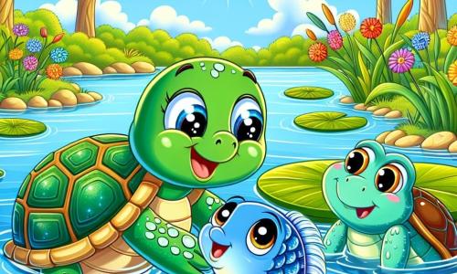 Una tartaruga felice di nome Tilly, con un guscio verde e occhi scintillanti, nuota in un lago cristallino, sorridendo entusiasta mentre aiuta un pesciolino. Il pesce, chiamato Pescetto, è colorato di blu vivo con squame scintillanti e salta di gioia, le sue pinne si agitano intorno a lui. Nelle vicinanze, una rana di nome Rina, con la pelle verde brillante e occhi rotondi, canta su una grande foglia di ninfea, guardando Tilly e Pescetto con un sorriso amichevole. Il lago è circondato da fiori colorati, grandi alberi con foglie lussureggianti, e il sole brilla in un cielo azzurro chiaro, creando un'atmosfera gioiosa e soleggiata. La scena mostra Tilly mentre libera Pescetto dalle alghe, illustrando un momento di amicizia e aiuto in un ambiente naturale incantevole.