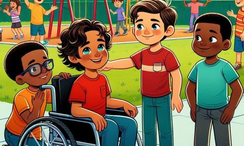 Em um pátio ensolarado da escola, quatro meninos de 9 anos estão juntos. Miguel, com cabelo castanho e cacheado, está na cadeira de rodas, sorrindo. Ao lado dele, Lucas, com cabelo loiro e curto, usa uma camiseta vermelha e acena amigavelmente. Pedro, de óculos e cabelo castanho, observa com uma expressão determinada, pronto para defender o amigo. Por fim, Tiago, com cabelo preto e liso, está um pouco afastado, com um olhar tímido, usando uma camiseta azul. O pátio está cheio de brinquedos coloridos, como balanços e um escorregador, cercado por árvores verdes. Crianças brincam e riem ao longe, enquanto um grupo de meninos mais velhos zomba de Tiago. A cena mostra Miguel e seus amigos se aproximando de Tiago para convidá-lo a jogar futebol, ilustrando um momento de solidariedade e amizade contra o bullying. As expressões em seus rostos transmitem determinação e bondade, enquanto o vibrante fundo do pátio destaca a importância da inclusão e do respeito.