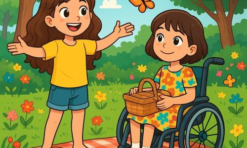 Există două personaje principale: Ana, o fetiță de 9 ani, cu părul lung și ondulat și ochi strălucitori de curiozitate, îmbrăcată într-un tricou galben și o pereche de pantaloni scurți din denim, stând în picioare cu brațele deschise și un zâmbet mare, și Maria, o fetiță de 9 ani, mereu zâmbitoare, așezată în scaunul ei cu rotile, cu părul scurt și brunet, purtând o rochie cu flori colorate și ținând un coș de picnic pe genunchi, observând cu uimire împrejurimile. Cele două prietene sunt lângă un iaz strălucitor, înconjurat de flori multicolore și copaci verzi. Fluturii dansează în jurul lor, iar un rază blândă de soare luminează scena. Ana și Maria stau pe o pătură cu carouri, savurând sandvișuri și fructe, admirând peștii aurii care înoată în apa limpede. Atmosfera este veselă și plină de magie, surprinzând spiritul de aventură și prietenie al celor două mici exploratoare.