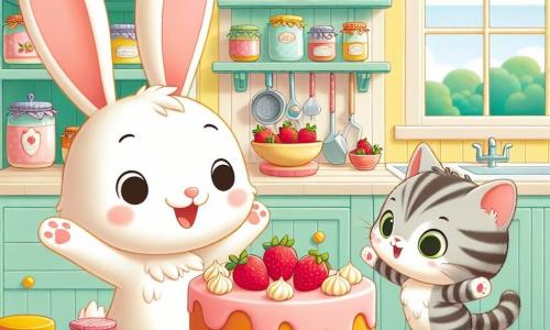Benny, un coniglietto con grandi orecchie e pelliccia bianca, è in piedi in una cucina colorata, con un grande sorriso sul volto, mentre tiene un piatto di torta decorato con fragole e nocciole. Accanto a lui, Gatta, un gattino con occhi verdi e pelliccia tigrata, salta di gioia con le zampe in aria, guardando entusiasta la torta. La cucina è luminosa e accogliente, con pareti dipinte di giallo pastello, mensole piene di barattoli di marmellata e finestre che lasciano entrare la luce del sole. Sulla tavola, ingredienti sparsi come fragole fresche e nocciole aggiungono colore alla scena. Benny e Gatta stanno preparando una torta sorpresa per la festa del papà, pieni di eccitazione e amore, pronti a celebrare questo momento speciale con il papà di Benny.
