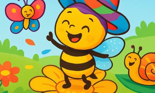 Buzzy Bee, a cheerful little bee with shiny yellow and black stripes, wears a big colorful wobbly hat and sparkling wings. She laughs joyfully, her eyes sparkling with happiness, while dancing on a giant flower. Her friends, a cute butterfly with colorful wings and a happy snail with a striped shell, watch her with laughter. The butterfly, floating near Buzzy, has a bright smile, while the snail, on a leaf, applauds enthusiastically. The scene takes place in a sunny meadow filled with vibrant flowers of all colors, under a clear blue sky dotted with fluffy clouds. Buzzy Bee and her friends are preparing their costumes for Carnival, surrounded by colorful petals, creating a festive and joyful atmosphere.
