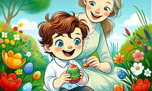 Un niño de 2 años, Lucas, con cabello castaño desordenado y grandes ojos llenos de curiosidad, está sentado en la hierba verde del jardín. Sonríe alegremente mientras sostiene un huevo de Pascua colorido en sus pequeñas manos. A su lado, su mamá, una mujer de unos 30 años con cabello largo y rubio, lleva un vestido ligero y lo mira con ternura. Ella está agachada, lista para ayudarlo a buscar otros huevos escondidos en el jardín. El jardín está lleno de flores brillantes de colores vivos: rojas, amarillas y azules, y un gran árbol con hojas verdes que bailan con el viento. El cielo es de un azul puro, salpicado de algunas nubes blancas y esponjosas. La escena principal muestra a Lucas, maravillado, descubriendo un huevo de Pascua escondido entre las flores, mientras su mamá lo anima con una cálida sonrisa.