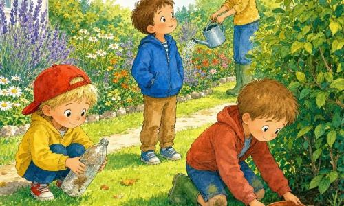 Drei 4-jährige Jungen: Ben, links, kleine rote Schirmmütze, blond, hockt und hält eine alte Plastikflasche; Emil, Mitte, blauer Mantel, braune Haare, steht bei der Mutter, die Blumen gießt, und schaut zu den Vögeln; Jonas, rechts, grüne Gummistiefel, Grasflecken an den Knien, kniet bei einem Busch und stellt eine kleine Schale Wasser auf. Ort: großer Garten mit kurzem grünen Rasen, bunten Blumen (Lavendel, Gänseblümchen), schattigem Busch mit glänzender Wasserschale, vereinzelten Herbstblättern, kleinem Erdweg, warmes Morgenlicht und hellblauer Himmel. Situation: die drei Jungen säubern den Garten und bieten den Vögeln Wasser an, drei kleine bunte Vögel trinken aus der Schale, die Kinder schauen glücklich und aufmerksam. Stil: feine Tuschelinien, leuchtende Aquarellfarben, weiche Ausdrücke, einfache klare Komposition für 4-Jährige.