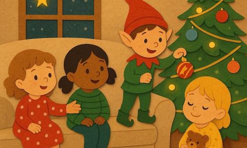Cuatro personajes: Ana (2 años) cabello castaño claro rizado, vestido rojo con lunares, a la izquierda del sofá, alcanza una bola de Navidad brillante; Lia (2) pelo negro con coletas, jersey verde a rayas, en el centro, sonríe mirando al duende; Sol (2) mechones rubios, pijama amarillo con estrellitas, a la derecha abraza un osito; duende travieso (niño), piel clara, orejas puntiagudas, gorro rojo, botas verdes, chaqueta con pompones, de pie sobre un cojín frente al árbol colocando una bola musical. Escena: sala navideña acogedora con sofá beige, alfombra mullida, árbol decorado con guirnaldas doradas y luces parpadeantes, mesa con galletas, luz suave y estrella visible por la ventana nevada. Ambiente tierno, colores cálidos, estilo papel recortado con capas y sombras suaves.