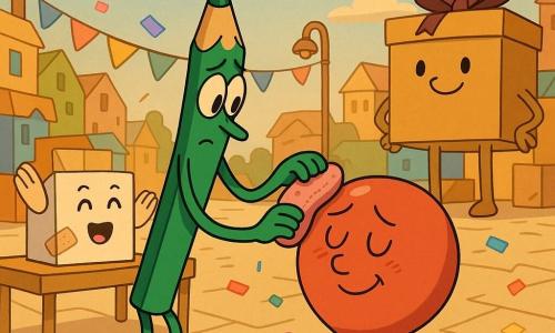 Un pequeño lápiz de color verde llamado Rizo, delgado y brillante, con cara tímida y concentrada, limpia con una esponja rosa un globo rojo arrugado llamado Bombo, que flota al lado con expresión aliviada y agradecida; a la izquierda, la caja-enfermera Caja-Tina, una caja de cartón blanca con curitas y sonrisa, aplaude desde una mesa, y al fondo a la derecha la alcaldesa Caja-Caja, una gran caja color miel con banda y pequeñas patas de cinta, observa orgullosa; la plaza del pueblo es un claro empedrado de papel rodeado de casas hechas de cajas apiladas, faroles de rollos de cartón y banderines, con confeti brillante y etiquetas de colores en el aire; escena tierna y absurda bajo un cielo pastel, colores vivos, texturas de papel y cartón muy visibles, composición centrada para ilustración infantil.