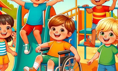 In einem schönen sonnigen Park versammeln sich fünf Freunde um einen großen bunten Spielplatz. Max, ein 8-jähriger Junge mit braunen Haaren und strahlenden Augen, steht neben der großen Rutsche, lächelt und hebt die Arme in die Luft, bereit zum Spielen. Ben, ein 7-jähriger Junge mit blonden Haaren und runden Brillen, sitzt auf einer Schaukel und lacht laut. Leo, ein 8-jähriger Junge mit schwarzen Haaren und dunkler Haut, sitzt in seinem Rollstuhl neben der Rutsche und lächelt glücklich. Tim, ein 7-jähriger Junge mit roten Haaren und heller Haut, hockt neben Leo und ermutigt ihn mit einem breiten Lächeln. Mia, ein 6-jähriges Mädchen mit kastanienbraunen Haaren, kommt mit einem rosa Kleid angerannt, die Arme weit geöffnet, um sich ihren Freunden anzuschließen. Der Park ist voller bunter Blumen, grüner Bäume und einem strahlend blauen Himmel. Das Lachen der Kinder erfüllt die Luft und schafft eine fröhliche, einladende Atmosphäre. Die Freunde spielen zusammen, teilen Geschichten und Lachen und feiern ihre Vielfalt, während sie auf der Rutsche und den Schaukeln Spaß haben. Sie lernen sich kennen und schätzen ihre Unterschiede, was zeigt, dass Freundschaft keine Grenzen kennt.