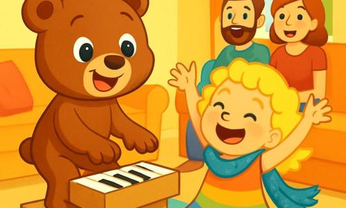 Een schattige bruine teddybeer genaamd Bram, met grote glanzende ogen en een vrolijke glimlach, staat op een kartonnen doos en speelt op een denkbeeldige piano met zijn pootjes. Naast hem staat zijn kleine zusje Puck, een meisje met krullend blond haar, in een kleurrijke jurk en een glinsterende sjaal, die luid lacht met haar armen in de lucht, klaar om te dansen. De setting is een gezellige woonkamer met pastelgele muren, zachte kussens op een bank en speelgoed verspreid over de vloer. Zacht licht valt door een raam en verlicht de vrolijke scène. Bram en Puck bereiden hun optreden voor, met blije en opgewonden gezichten, terwijl ze zich klaarmaken om hun ouders, die op de bank zitten met bewonderende glimlachen, te vermaken.