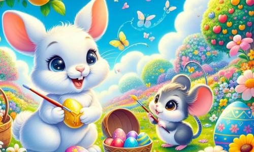 Hopsi, ein kleiner Hase mit großen Ohren und weichem, weißem Fell, malt im bunten Garten Ostereier. Er hat ein breites Lächeln im Gesicht, seine Augen funkeln vor Aufregung, während er gelbe Farbe auf ein glänzendes Ei aufträgt. Neben ihm beobachtet Mimmi, eine kleine Maus mit grauem Fell und lebhaften Augen, fasziniert und hält einen Pinsel in ihren kleinen Pfoten, bereit zu helfen. Der Garten ist voller leuchtender Blumen in allen Farben, mit Schmetterlingen, die umherfliegen, und einem großen Obstbaum im Hintergrund unter einem hellblauen Himmel. Die Szene strahlt eine fröhliche und festliche Atmosphäre aus, voller Magie und Freundschaft, während sie sich darauf vorbereiten, ein geheimnisvolles Ei zu entdecken, das zwischen den Blumen versteckt ist.