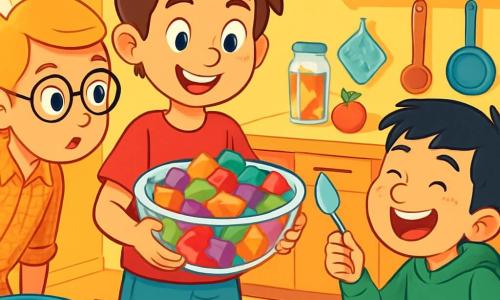Ci sono 3 personaggi: Marco, un ragazzo di 10 anni con capelli castani disordinati e occhi curiosi, indossa una maglietta rossa e pantaloni blu, in piedi al centro con una grande ciotola di gelatina colorata. Luca, un ragazzo di 10 anni con occhiali rotondi e capelli biondi pettinati all'indietro, indossa una camicia a quadri e pantaloni beige, è piegato in avanti osservando attentamente la gelatina. Pietro, un ragazzo di 10 anni con capelli neri e lentiggini, indossa un felpa verde e jeans, seduto su una sedia, ride mentre tiene un cucchiaio, pronto a assaporare la gelatina. La scena si svolge nella cucina di Marco, vivace e colorata, con pareti gialle e scaffali pieni di barattoli di dolci e utensili da cucina. Sulla tavola ci sono ingredienti come frutta fresca e sacchetti di gelatina, creando un'atmosfera gioiosa. I tre amici stanno preparando la loro gelatina speciale, mescolando ingredienti strani con entusiasmo e un po' di caos, mentre le risate risuonano nella cucina.