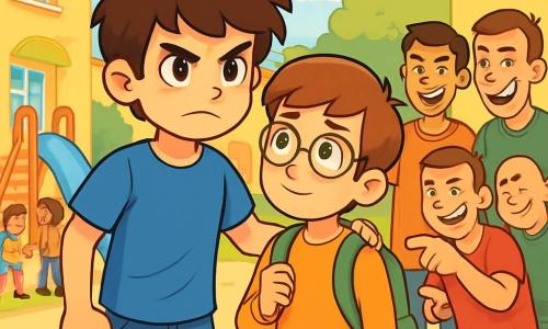 Un ragazzo di 12 anni, Matteo, con capelli castani disordinati e occhi pieni di determinazione, si trova al centro dell'immagine. Indossa una maglietta blu e dei jeans, mostrando un'espressione di coraggio e sostegno. Accanto a lui, un altro ragazzo di 12 anni, Luca, ha i capelli castani e occhiali. Sembra un po' timido, con un leggero sorriso, mentre guarda Matteo con gratitudine. La scena si svolge in un cortile scolastico animato, circondato da muri colorati e giochi per bambini, dove altri alunni discutono e giocano sullo sfondo. In primo piano, Matteo e Luca si trovano di fronte a un gruppo di ragazzi più grandi che sembrano derisori, creando un'atmosfera tesa ma piena di speranza. La luce del sole illumina la scena, evidenziando le emozioni dei personaggi e l'importanza dell'amicizia e del sostegno.