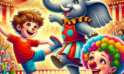 Un ragazzo di 8 anni, di nome Leo, con capelli castani arruffati e grandi occhi brillanti di eccitazione, balla felicemente accanto a un maestoso elefante grigio, Ella, che esegue un'elegante pirouette. Leo indossa una maglietta rossa vivace e pantaloni corti blu, con le braccia alzate, esprimendo la sua gioia contagiosa. Vicino a lui, una clown sorridente di circa 30 anni, con un naso rosso e capelli ricci multicolori, applaude con entusiasmo, indossando un costume colorato a pois. Lo sfondo è un circo scintillante, con una grande tenda a strisce rosse e bianche, luci brillanti e palloncini colorati che fluttuano nell'aria. Il pavimento è coperto di paglia e spettatori meravigliati si trovano intorno alla pista, applaudendo e ridendo. La scena principale mostra Leo che danza coraggiosamente e felicemente accanto a Ella, l'elefante ballerino, sotto gli applausi del pubblico, creando un momento magico e pieno di felicità nel cuore del circo.