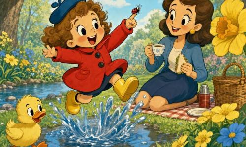 A joyful 2-year-old girl jumps into a large puddle with a big splash, wearing light brown curly hair, a bright red coat, yellow rubber boots and a small blue hat, rosy cheeks and sparkling eyes; to her right a smiling mother (~30) sits on a checkered blanket near a basket holding a cup of tea and a sandwich; to her left a small yellow duck walks at the pond’s edge watching the puddle, fluffy with orange feet; a tiny red ladybug with black spots crawls on the girl’s fingertip; a striped bee buzzes above a large yellow flower with translucent, blurred wings; the bright spring garden has wet green grass, yellow and blue flowers, trees with young leaves and a soft sky with fluffy white clouds; the scene is simple and warm with saturated colors, rounded outlines, exaggerated expressions and a retro cartoon, cozy atmosphere.