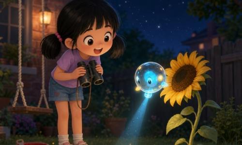 An 8-year-old girl with black pigtails and curious round eyes, holding old plastic binoculars and looking down, watches an apple-sized translucent extraterrestrial orb with a blue light inside float above a sunflower and project a thin beam that draws a smiling face and an arrow in the soil; a brave sunflower with bright yellow petals stands in the foreground to her right, a sand bucket and worn rope swing lie slightly blurred on the lawn to her left, and behind them a small garden, a brick building, a dark wooden fence and a deep starry night sky frame the scene; the girl, amazed and smiling, watches the orb blink blue and yellow in a soft, luminous, magical atmosphere.