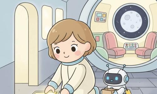 A calm, smiling adult woman with short brown hair in a light spacesuit carefully places a small glowing yellow tile while a small white-and-blue wheeled robot named Bee, blinking blue LED eyes and holding a box with a yellow tag, watches joyfully slightly in front to her right; the round ship Pip appears in the background with a bright interior, rounded seats, colorful buttons and a wide porthole showing the nearby Moon, all in a tender lunar docking-bay scene with rounded lighted walls and a corridor that lights as the tile is placed, in pastel colors, simple shapes and soft contours.