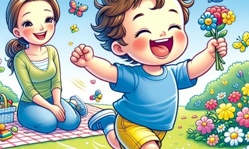Ein zweijähriger Junge namens Max mit zerzausten braunen Haaren und großen, fröhlichen Augen läuft lachend in einem sonnigen Garten. Er trägt ein blaues T-Shirt und eine gelbe Shorts und hält eine bunte Blume in seiner kleinen Hand. In der Nähe sitzt seine Mama, eine etwa 30-jährige Frau mit braunen Haaren im Dutt, auf einer Picknickdecke und lächelt, während sie ihrem Sohn beim Spielen zusieht. Der Garten ist voller leuchtender Blumen: rote Rosen, gelbe Tulpen und weiße Gänseblümchen, während bunte Schmetterlinge umherfliegen. Der Himmel ist hellblau mit ein paar fluffigen Wolken. Max versucht, einen schönen Schmetterling zu fangen, während Kinderlachen in der Frühlingsluft erklingt.