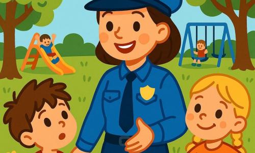 Een glimlachende politieagente, mevrouw Lotte, staat in het midden van het park in een heldere blauwe uniform met een mooie pet. Ze heeft sprankelende ogen en een brede glimlach die haar gezicht verlicht. Ze houdt een klein bordje vast met de tekst "Welkom" in felle kleuren. Naast haar kijkt een jongetje van ongeveer 5 jaar met bruin, wild haar vol verwondering. Hij draagt een rood t-shirt en een blauwe short en steekt zijn hand op om een vraag te stellen, zijn gezicht straalt nieuwsgierigheid uit. Iets verderop observeert een meisje van 4 jaar met blonde vlechten en een bloemenjurk aandachtig. Ze houdt een speelgoed politieauto vast en glimlacht, blij om te leren. Het park is groen met loofbomen en kleurrijke bloemen die dansen in de bries. Kinderen spelen op het gras en een grote blauwe lucht strekt zich boven hen uit, met enkele donzige witte wolken. De hoofdscène toont mevrouw Lotte die de kinderen uitlegt wat een politieagent doet, omringd door lachende en vragende kinderen, wat een vrolijke en educatieve sfeer creëert.