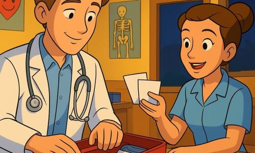 Dr. Milo, about 30, with a gentle face and steady hands, smiles slightly as he looks at his open medical bag; wearing a light coat over a shirt and a silver stethoscope, he rests a hand on a dressing kit. Nurse Rina, about 28, hair in a bun with a kind expression, sits behind the counter and animatedly hands three paper notes to Milo. In a small neighborhood clinic at night with warm yellow light and simple medical posters on the walls, Milo calmly prepares his tools and listens to Rina; the mood is quiet but attentive, a brief moment of preparation before helping someone.