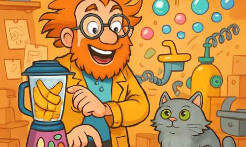 A man, Professor Bumble, is at the center of the image, with tousled hair and a scruffy beard, wearing round glasses and mismatched socks. He has a big enthusiastic smile, his eyes sparkling with excitement, while he mixes bananas in a colorful blender. Next to him, his cat Sir Fluffington, a large gray cat with green eyes, looks curiously, sitting on a pile of scattered books. The scene takes place in a chaotic workshop filled with strange gadgets, springs, and boxes of all sizes, with scribbled papers hanging on the walls. Colorful bubbles float in the air, creating a cheerful and playful atmosphere. Professor Bumble is testing his wacky invention, a banana-powered bubble machine, and is about to press a button, ready to trigger an explosion of fruity bubbles.