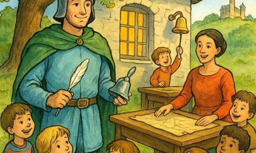 De hoofdfiguur is ridder Floris, vriendelijk en vastberaden, glimlachend met rustige ogen, helm op de schouder, lichtblauwe tuniek en groene mantel, staand bij een houten bankje met een kleine zilveren bel in de ene hand en een witte ganzenveer in de andere; rechts van hem Tijn, een ongeveer 9‑jarige jongen met lichtbruin warrig haar, lachend terwijl hij een belletje aan de ingang van de kleine school hangt. Achter Floris rolt dame Mira (circa 40), elegant met opgestoken haar en eenvoudige gekleurde jurk, trots een oude perkamentkaart uit op een tafel; meerdere kinderen (5–10 jaar) vormen een kleurrijke, aandachtige en vrolijke groep rond het bankje, sommigen zittend, anderen staand. De school is een lichte stenen gebouwtje onder een grote appelboom, ruitjesvensters laten gouden licht binnen, in de verte een kasteel op een heuvel; het is de inhuldiging van de eerste les, warme en vreedzame sfeer, de ridder toont bel, kaart, veer en steen als schatten terwijl de kinderen verwonderd toekijken en de bel zachtjes tintelt.