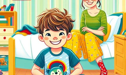 Een 8-jarig jongetje, Sam, met rommelig bruin haar en een stralende glimlach, zit op zijn bed, omringd door verspreide speelgoed. Hij draagt een blauwe t-shirt met een superheldenmotief en verschillende sokken, een groene en een rode, wat hem vrolijk en een beetje ondeugend maakt. Naast hem zit zijn moeder, een vrouw van in de dertig met bruin haar in een knot, die teder glimlacht terwijl ze een knuffel vasthoudt. Ze zit op de rand van het bed, met een bemoedigende uitstraling, klaar om hem te helpen opruimen. De kamer is licht, met lichtgele muren, tekenfilmposters en een zachte mat waar boeken en speelgoed verspreid liggen. De hoofdscène toont Sam en zijn moeder die samen opruimen, met gelach en een warme sfeer, wat het plezier van samenwerken illustreert.