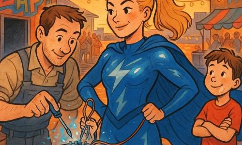 Female heroine, about 20–30, confident smile and determined gaze, electric-blue cape, blonde ponytail, shiny costume with silver lightning; she holds wires and inspects a small sparkling machine in a dynamic pose, courageous and joyful; man (Max), about 30–40, friendly face, short brown hair, technician outfit with tool pocket, adjusts a hi‑tech screwdriver to the left of the heroine, focused and cooperative; boy, about 6–8, ice-cream-smudged face, red T-shirt, admiring, standing slightly back right on the dock with hands clasped, awed; setting: busy docks at sunset with wet wooden planks, colorful stalls, vivid graffiti on warehouses, hanging lights and orange reflections on the water, small open hangar door revealing a dark dusty interior; main scene: repairing a strange machine that had been sparking, delicate blue sparks float around as the heroine and Max work together with precise gestures in a warm, heroic atmosphere while a calm crowd applauds softly in the background.