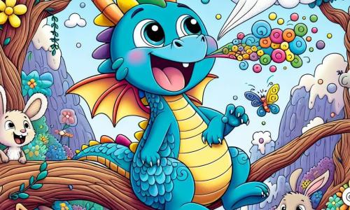 A little dragon named Spark, with shiny colorful scales, is laughing heartily, his eyes sparkling with mischief. He is perched on a tree branch, his delicate wings spread, ready to take off. Next to him, Benny the rabbit, with big ears and soft fluffy fur, is jumping for joy, a big smile on his face. He is just below Spark, raising his front paws in the air, full of enthusiasm. The setting is an enchanted forest filled with twisted tree trunks, multicolored flowers dancing in the wind, and a blue sky dotted with candy-shaped clouds. The main scene shows Spark, after trying to fly, accidentally creating a cloud of colorful smoke by sneezing, while Benny claps and laughs, surrounded by other amused animals watching the scene in wonder.