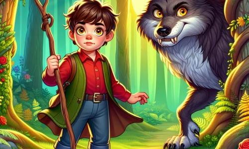 A 12-year-old boy named Oliver stands at the center of the scene, with messy brown hair and sparkling curious eyes. His face shows brave determination as he brandishes a wooden stick, ready to face the unknown. To his right, the Big Bad Wolf, an imposing creature with dark gray fur and bright yellow eyes, stands with a sly smile, revealing sharp teeth. He is slightly taller than Oliver, leaning towards him in an intriguing posture. The setting is an enchanted forest, where tall, gnarled trees rise towards a deep green sky, filtering golden rays of light through the leaves. Lush ferns and colorful flowers cover the ground, creating a magical and mysterious atmosphere. The main situation shows Oliver and the wolf engaged in a guessing game, with palpable tension in the air. Oliver, with his stick raised, appears both brave and a bit anxious, while the wolf, with his mischievous smile, poses a riddle, making the moment captivating and full of suspense.