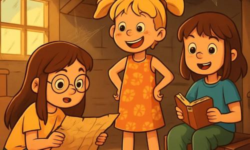 There are 3 characters: Ellie, a 10-year-old girl with long brown hair and round glasses, wearing a yellow t-shirt and denim shorts, crouching and examining an old map with curiosity; Mia, a 9-year-old girl with blonde pigtails and freckles, wearing a floral dress and sandals, standing next to Ellie with her hands on her hips and a big excited smile; and Sophie, a 10-year-old girl with brown hair and bangs, wearing a blue t-shirt and cargo pants, sitting on an old trunk holding a small ancient book, her eyes shining with wonder. The main setting is a dusty attic filled with old wooden furniture, antique trunks, and sparkling cobwebs in the dim light. Sunbeams filter through a dirty window, illuminating forgotten objects and creating a mysterious atmosphere. The main situation shows the three friends discovering an old treasure map, surrounded by hidden treasures, with expressions of surprise and excitement on their faces, ready for adventure, united by their curiosity and friendship.